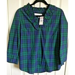 Vineyard Vines Blackwatch Plaid Ruffle V-Neck Top 4 Small Cotton‎ Blouse NWT